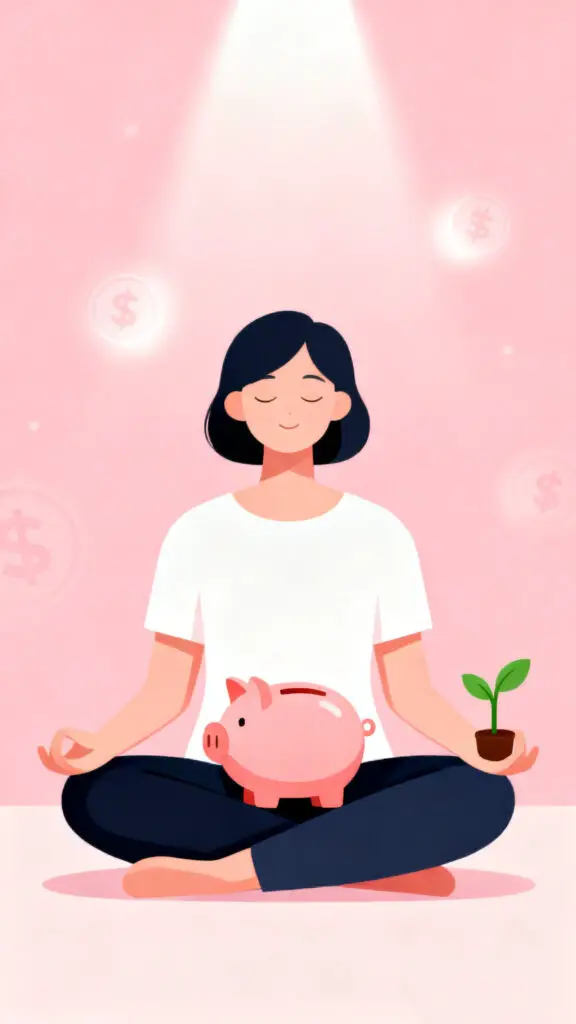 Illustration of a savings jar and money quotes notebook on a pastel pink background symbolizing frugal wisdom.