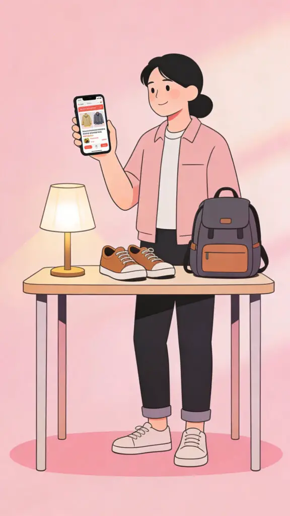 Illustration of a person listing household items for sale on a mobile marketplace with a pastel pink background.