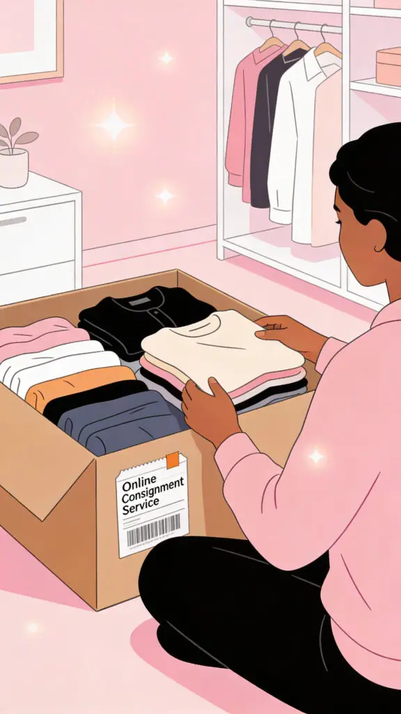 Illustration of a person packing used clothes into a shipping box for resale on a pastel pink background.