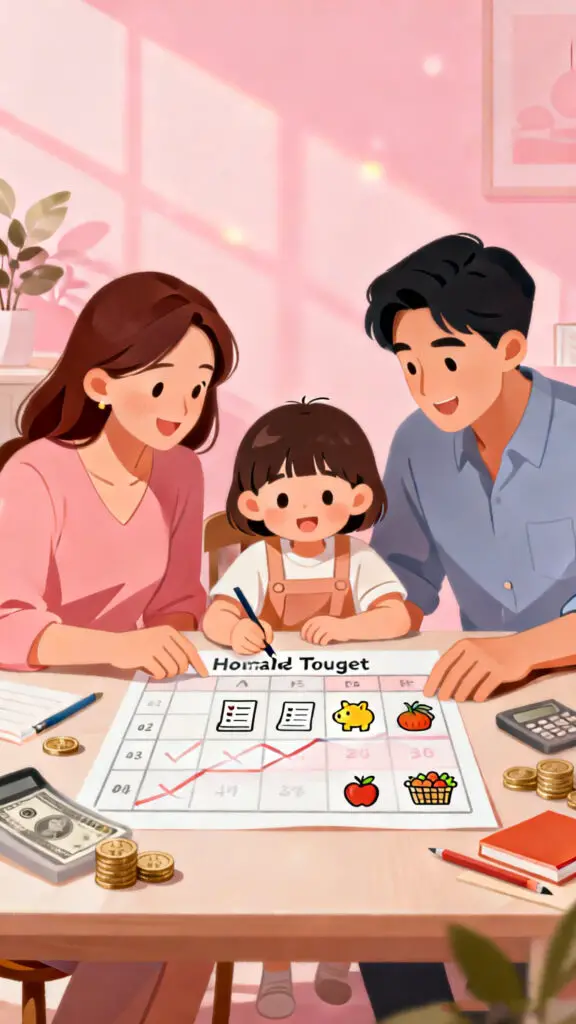 Illustration of a family discussing a simple household budget together on a pastel pink background.