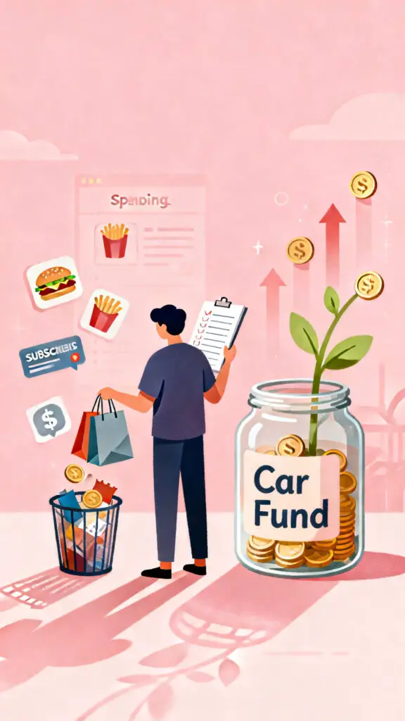 Budgeting For A Car Saving Money 3 Illustration of a person reducing unnecessary spending and adding money into a car savings jar on a pastel pink background.