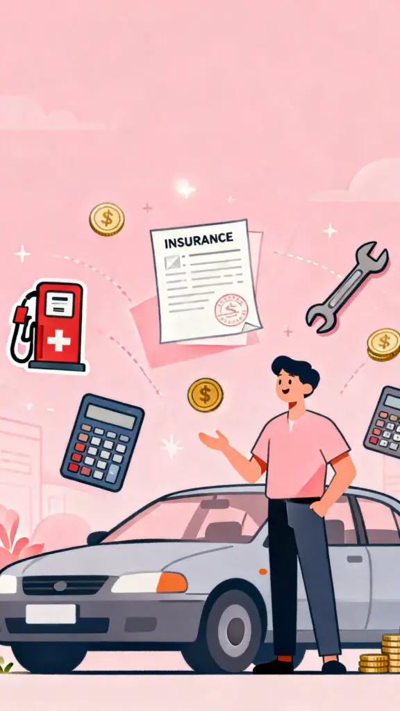 Budgeting For A Car Saving Money 2 Illustration of a car owner surrounded by icons representing fuel, insurance, maintenance, and registration costs on a pastel pink background.