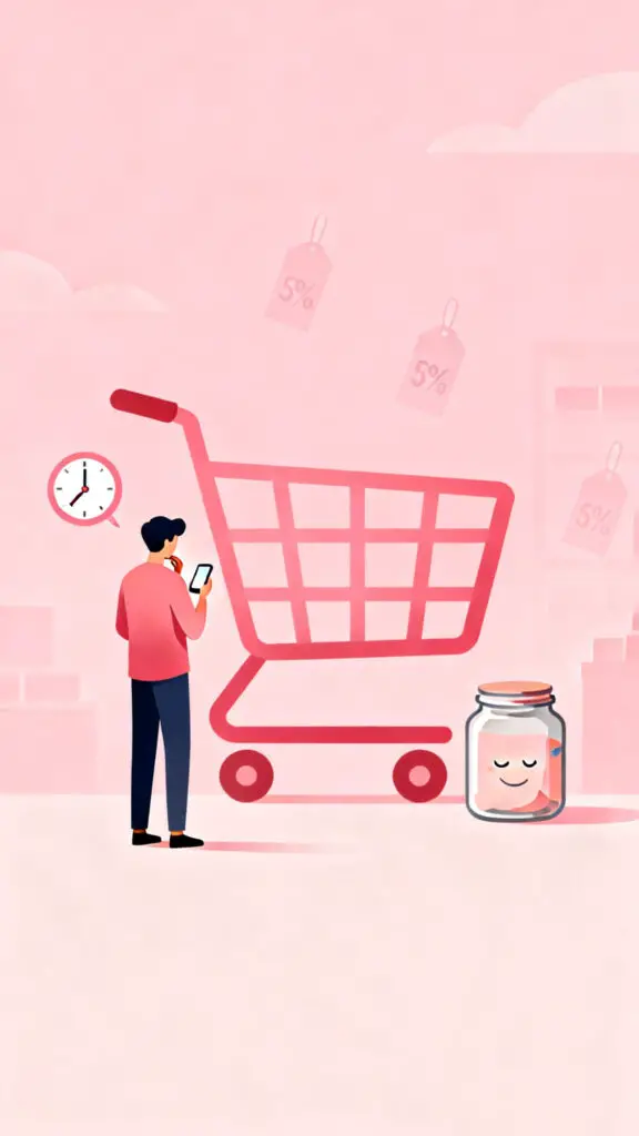 Illustration of a person pausing before making an impulse purchase, protecting their savings on a pastel pink background.