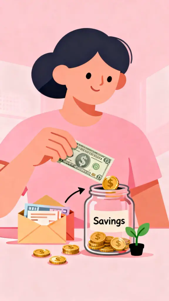 Illustration of a person saving money first from their paycheck into a savings jar on a pastel pink background.