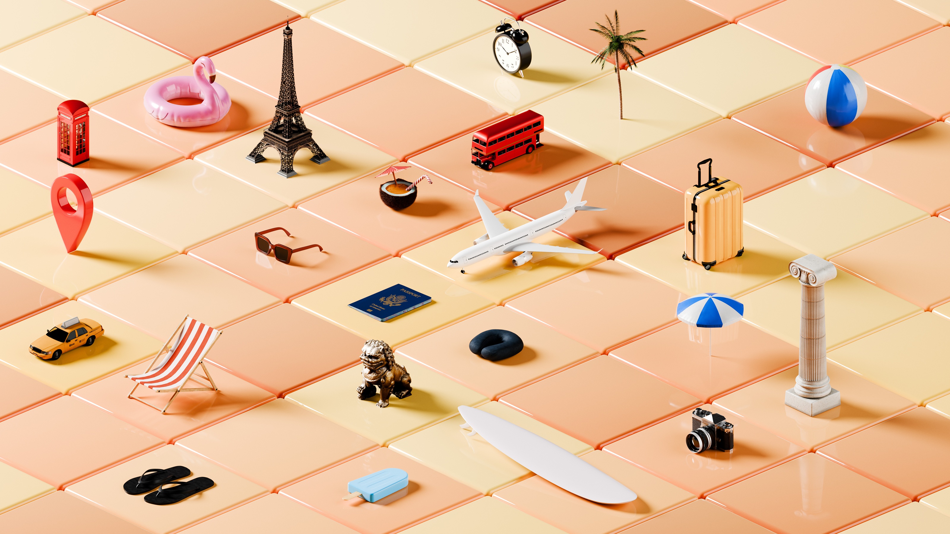 Grid of travel-related symbols such as airplanes, the Eiffel Tower, surfboards and location pins.