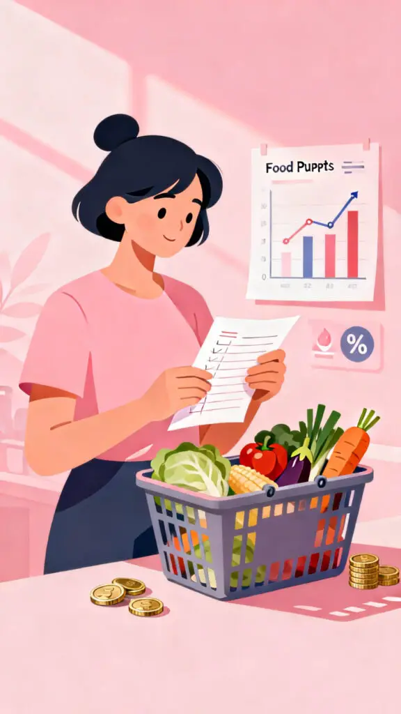 Illustration of a person managing grocery shopping within a set food budget percentage on a pastel pink background.