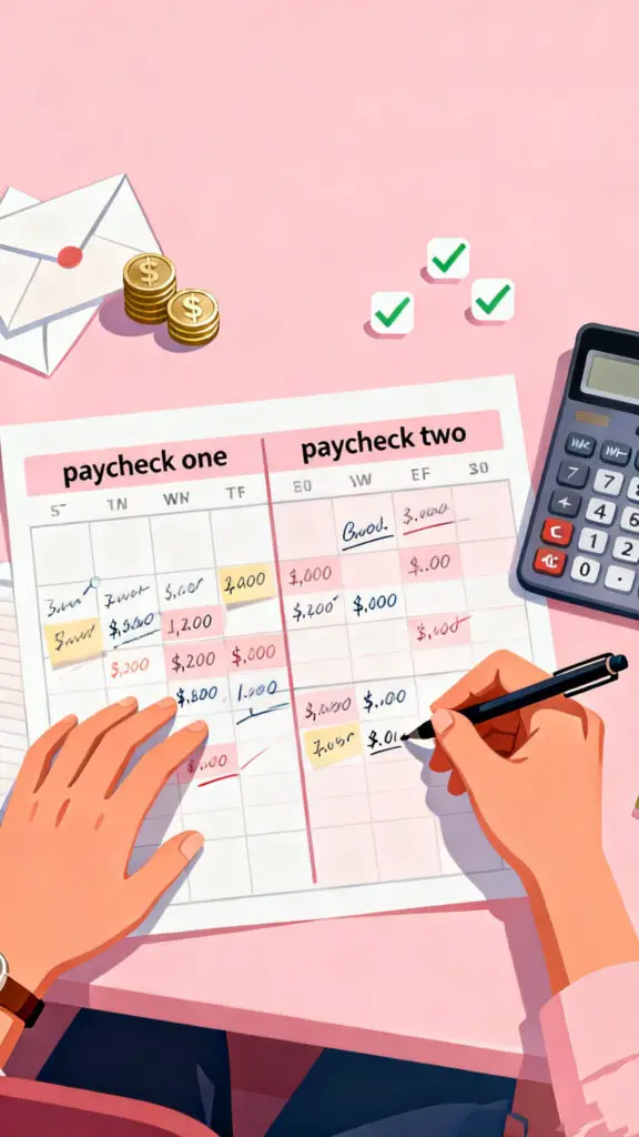 Illustration of a person organizing a two week budget plan aligned with biweekly paychecks on a pastel pink background.