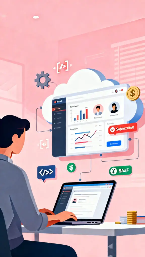 Illustration of a person developing cloud-based SaaS software with dashboard analytics on a pastel pink background.