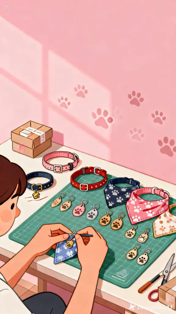 What Can I Sell On Etsy Make Money 3 Illustration of handmade pet accessories being crafted and prepared for sale on a pastel pink background.