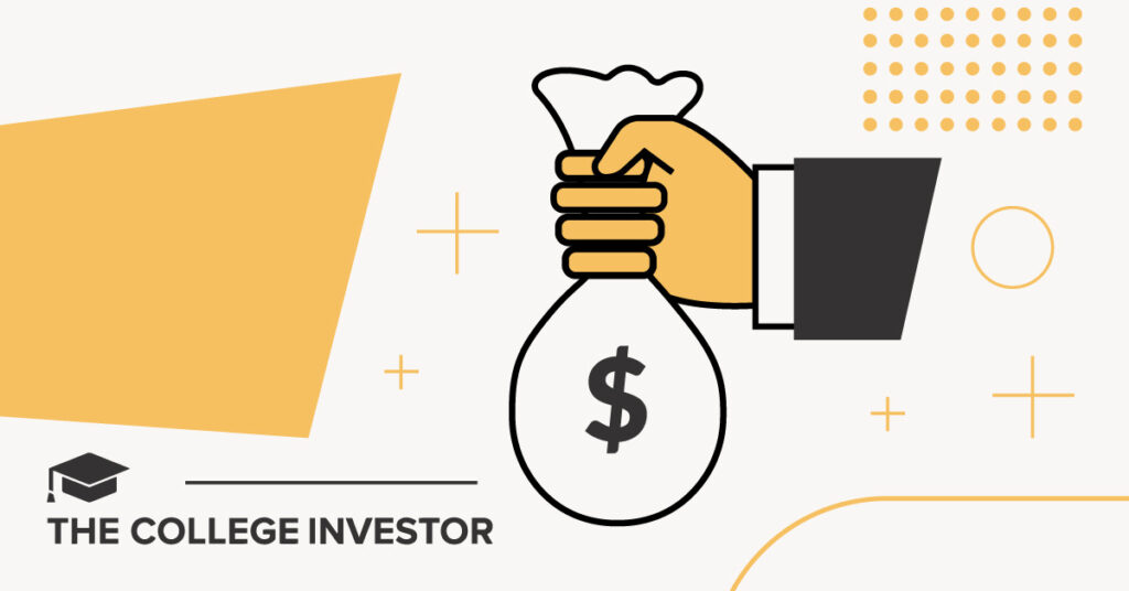 A stylized illustration depicts a hand in a suit sleeve holding a white money bag with a prominent black dollar sign, symbolizing financial aid or grants. The background is a light cream color with various geometric shapes in shades of yellow and orange, including a large triangular shape on the left, dotted patterns in the upper right, and abstract lines and plus signs, creating a modern and clean aesthetic. The phrase "COLLEGE INVESTOR" is partially visible in black text at the bottom left. This image visually represents the concept of financial assistance in higher education, specifically illustrating the distribution of grants, which is central to the article's discussion on front-loading of grants where colleges adjust financial aid offers, often to the disadvantage of upperclassmen. Source: The College Investor