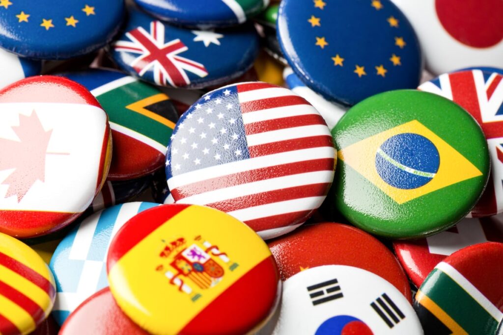 Buttons representing many countries of the world