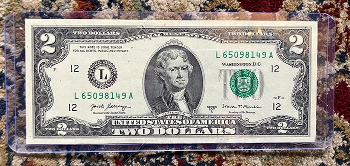 $2 bill bookmark