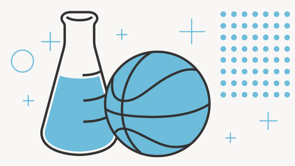 This illustrative graphic features a light blue basketball with black lines next to a clear Erlenmeyer flask containing a light blue liquid, symbolizing the balance between academic and extracurricular activities for college applications. The background is a minimalist white with various light blue geometric shapes, including plus signs, circles, and a dotted rectangle, creating a modern and clean aesthetic. This image visually represents the article's theme of how a combination of diverse interests, like science (flask) and sports (basketball), can make an applicant stand out by showcasing qualities such as dedication, leadership skills, and time management, which are essential for top universities and the college admissions process.