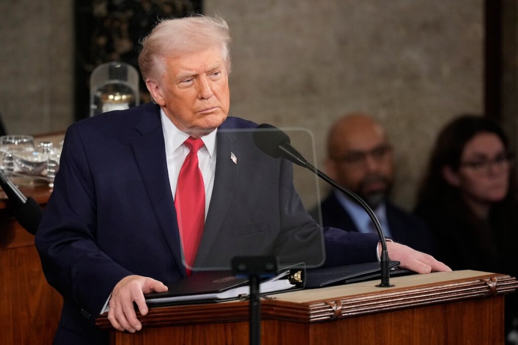 President Donald Trump delivers the State of the Union address to a joint session of Congress in the House chamber at the U.S. Capitol in Washington, Tuesday, Feb. 24, 2026. (AP Photo/Alex Brandon)