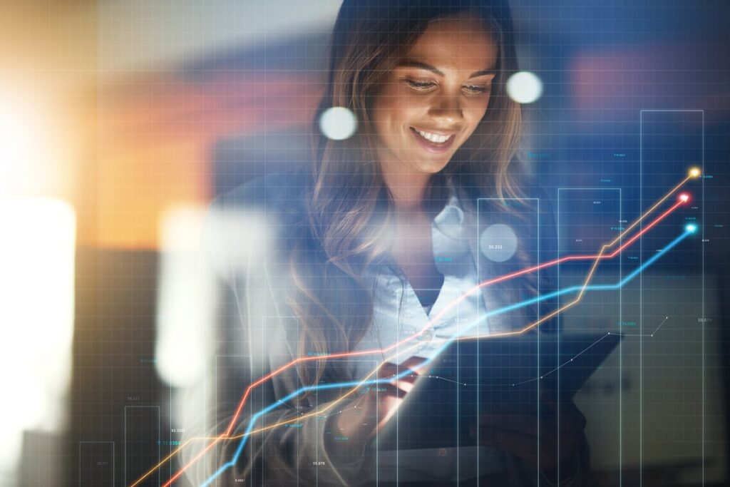 Investor watching a stock chart rise.