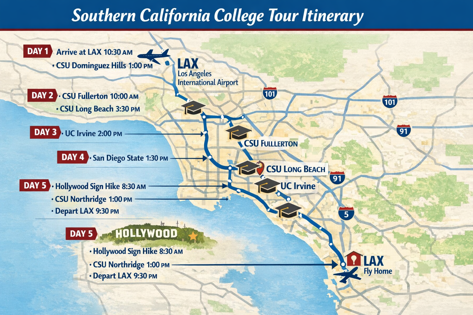 A map of a recommended itinerary for a Southern California college tour. Generated by ChatGPT 3/23/26.