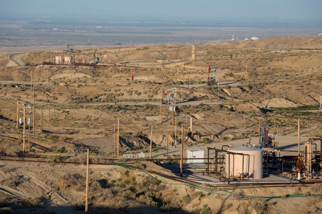 Oil wells in the Elk Hills oil field, formerly the Naval Petroleum Reserve No. 1, now owned and operated by Occidental Petroleum