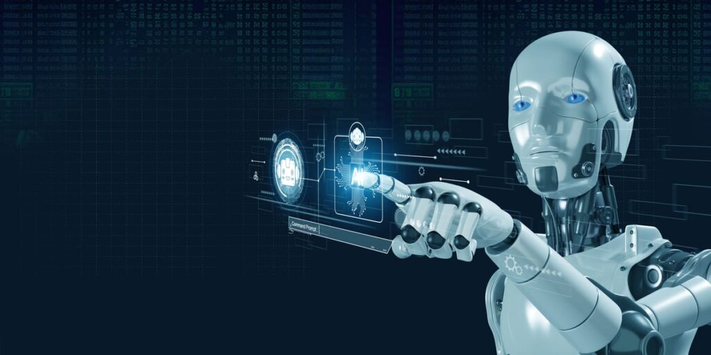 An AI-powered robot is pressing a virtual button.