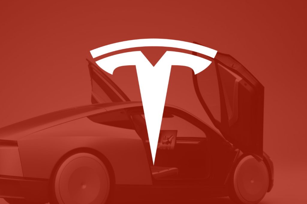 The Tesla logo with the Cybercab in the background.