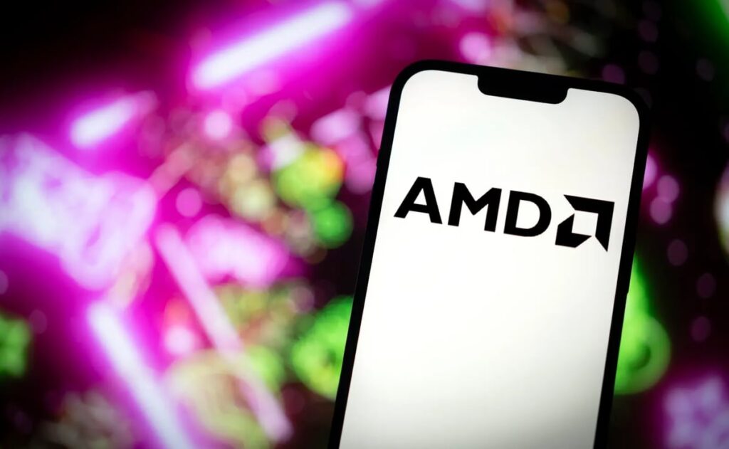 AMD's logo is displayed on a mobile phone.