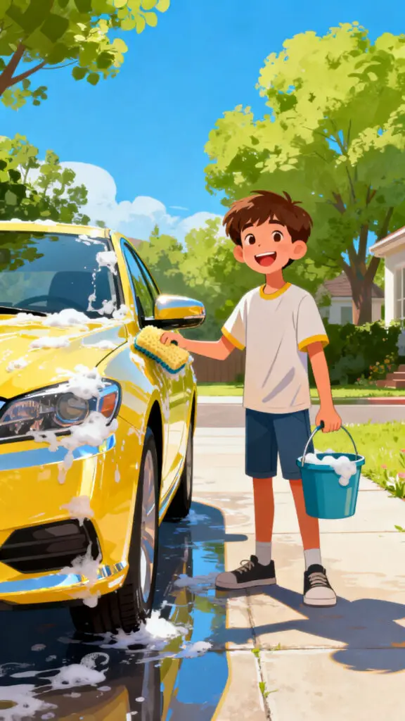 How To Make Money Fast As A 12 Year Old 2 A bright vector illustration of a motivated 12-year-old washing a car to earn money in their neighborhood.