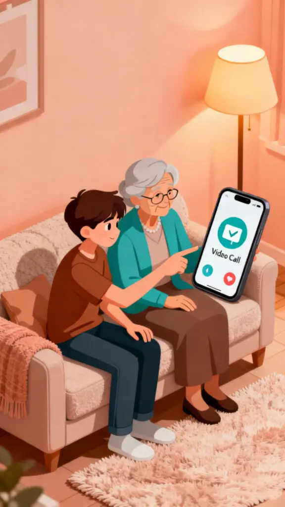 How To Make Money Fast As A 12 Year Old 3 A professional digital illustration of a tech-savvy kid helping a neighbor with their smartphone, symbolizing a helpful and modern side hustle.