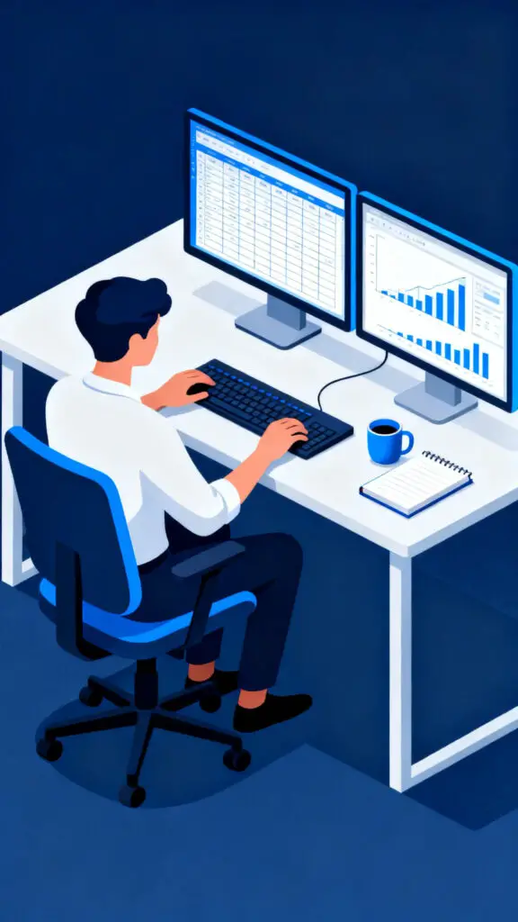Jobs for 20-Year-Olds With No Experience 3 A clean digital illustration of a data entry clerk working at a modern desk, perfect for a focused and quiet starter career.