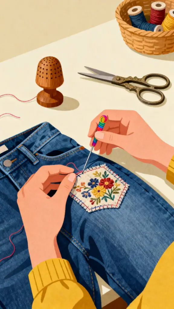 A professional vector illustration of visible mending, celebrating the craft of repairing clothes instead of buying new ones.