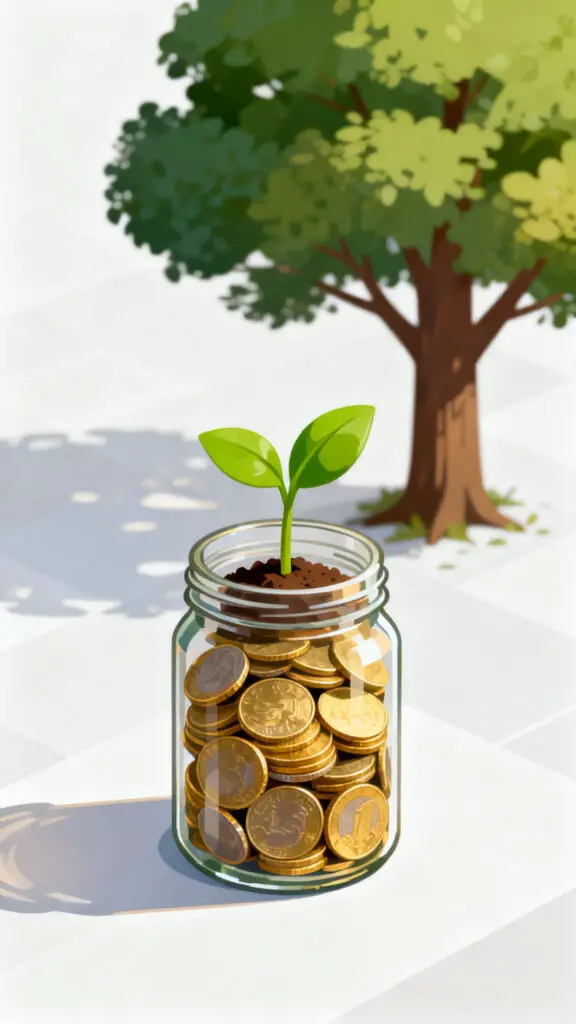 How To Budget And Save Money 3 A symbolic digital illustration of a small plant growing from coins, representing how small savings grow over time.