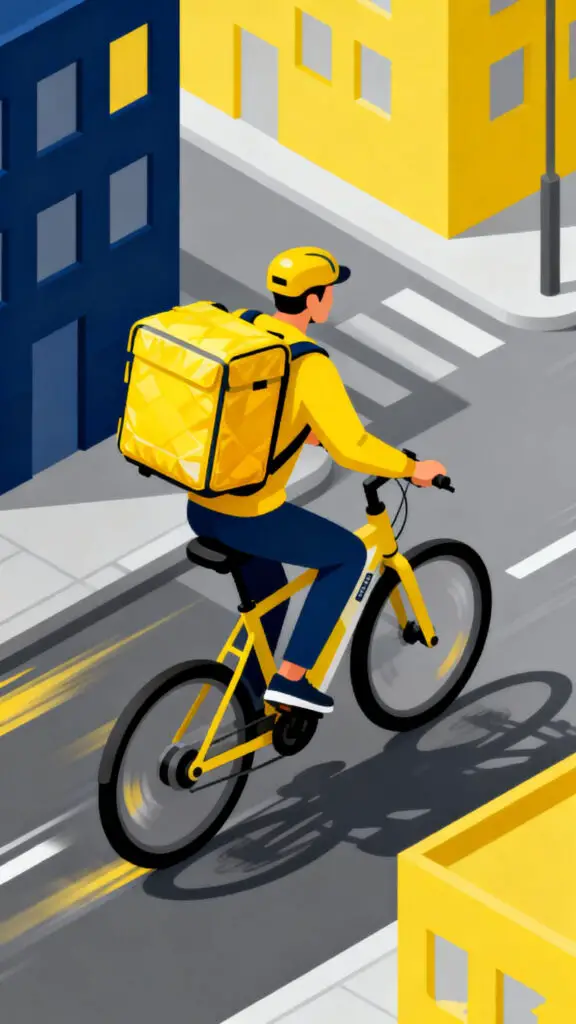 A vibrant digital illustration of a food delivery rider, representing a flexible way to earn fast cash.