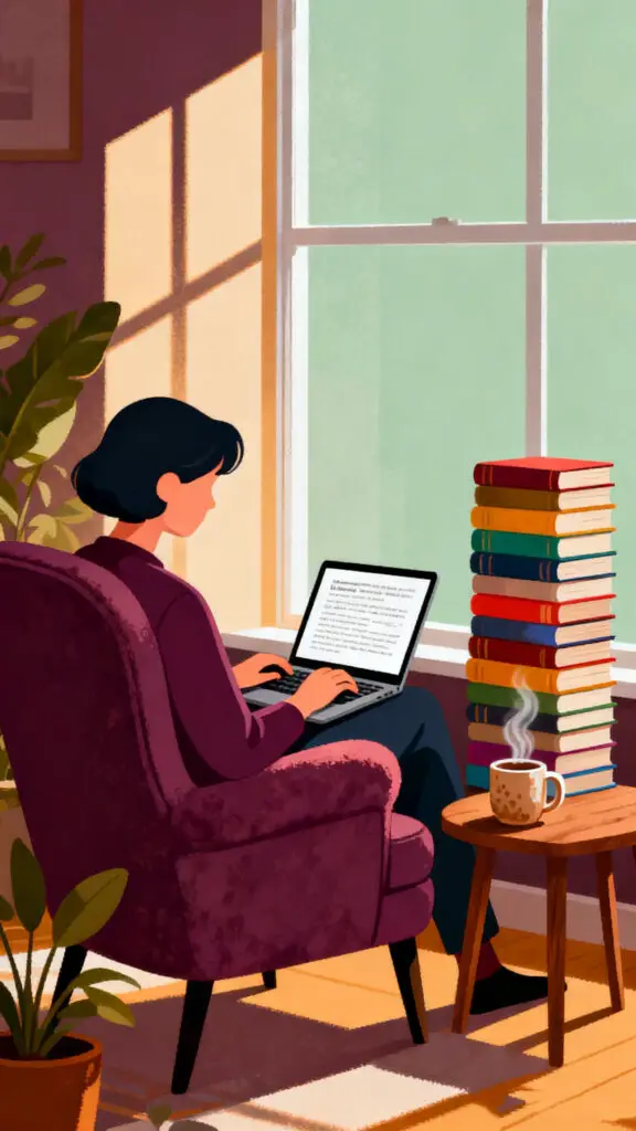 A cozy vector illustration of a reviewer writing a book critique from a peaceful home reading nook.