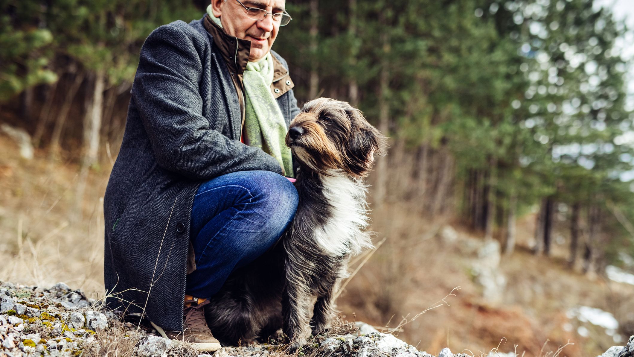 An older man squats on the ground with his dog outdoors. The wind blows through the dog's hair.