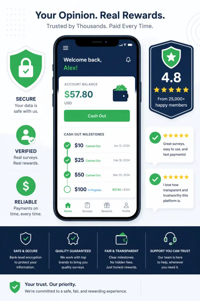 Online Surveys to Make Money 2 A secure vector illustration of a highly rated, trusted online survey platform, emphasizing safety and verified payouts.