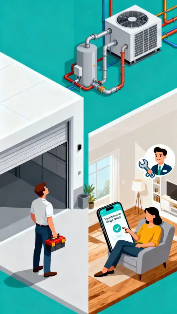 What Details Will You Consider as You Decide to Rent or Buy a Home? 3 A clean digital illustration comparing a homeowner's hands-on repair responsibilities with a renter's simple maintenance requests.