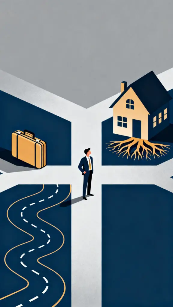 What Details Will You Consider as You Decide to Rent or Buy a Home? 2 A professional vector illustration showing the choice between the lifestyle flexibility of renting and the stability of buying a home.