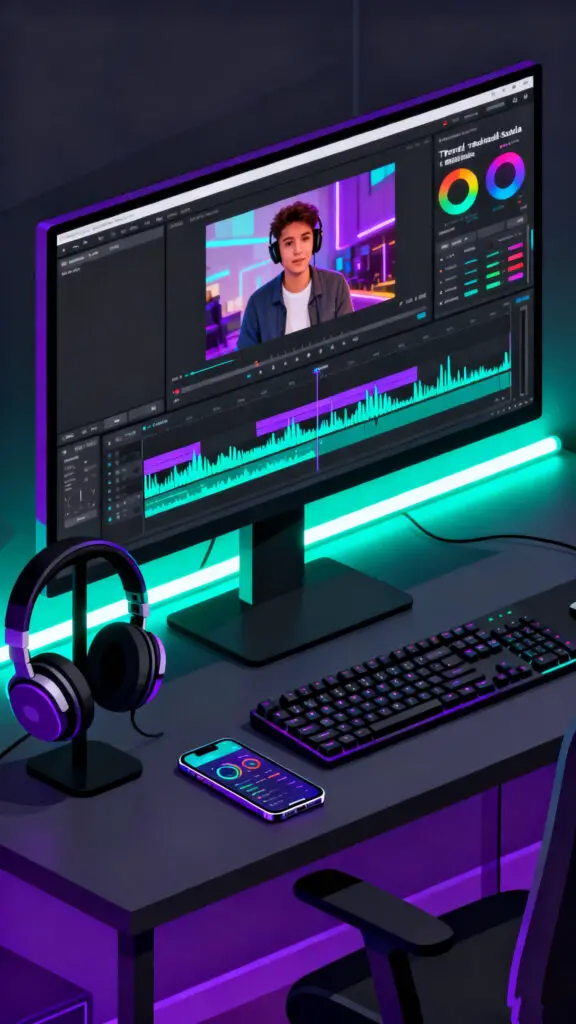 Online Jobs for College Students 3 A dynamic vector illustration of a digital setup used for editing engaging short-form videos and reels.