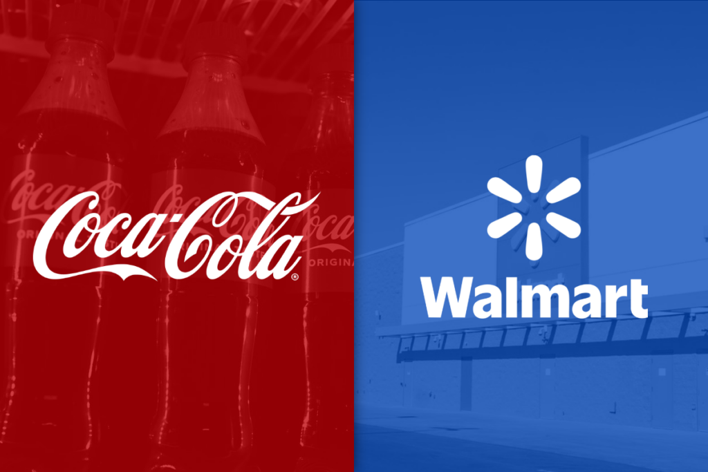 Coca-Cola and Walmart logos side-by-side on red and blue backgrounds.