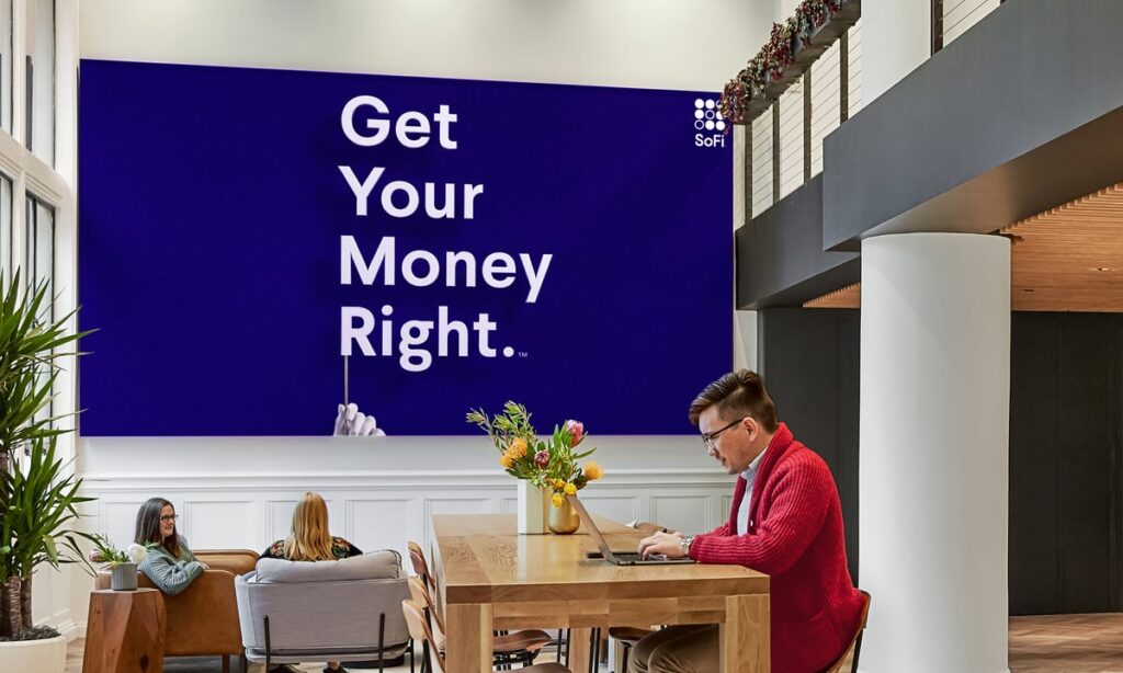 SoFi slogan in an office.
