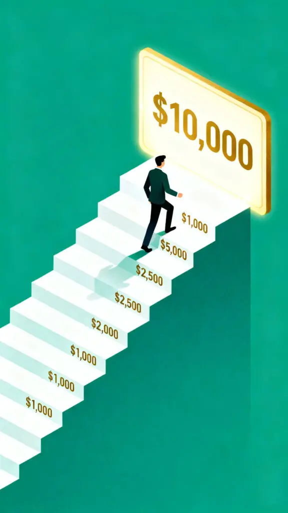 A motivational vector illustration showing a stepped path toward a $10,000 savings goal, representing manageable financial milestones.