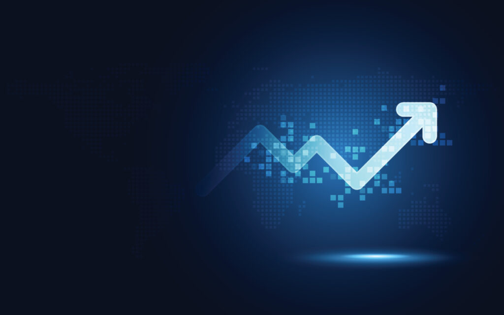 A blue background with dots as well as an arrow going up.
