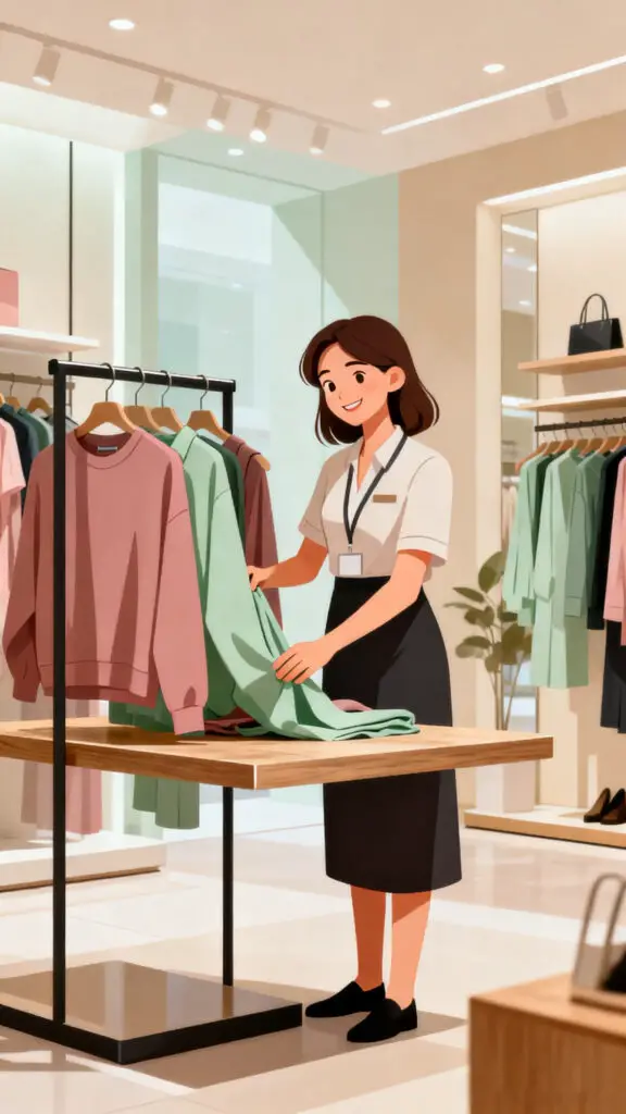 Jobs for 20-Year-Olds With No Experience 2 A professional vector illustration of a young retail store assistant organizing merchandise, representing an excellent entry-level job.
