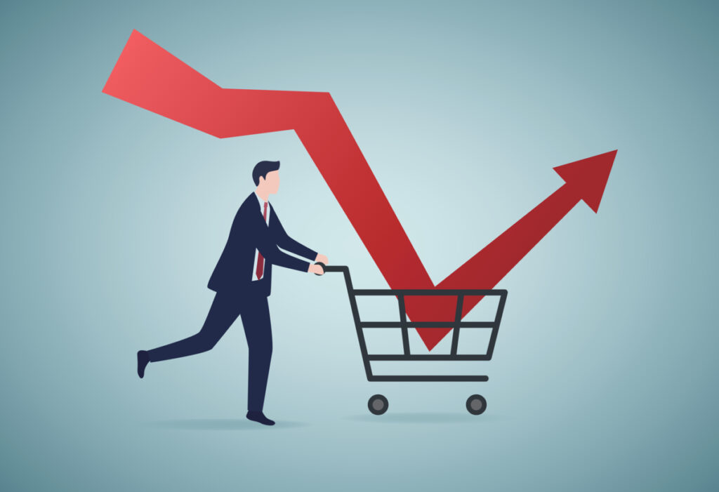 A person pushing a shopping cart with an arrow pointing down and bouncing back up out of the cart.
