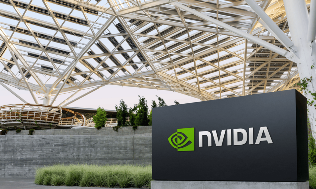Nvidia headquarters with Nvidia logo on a sign out front.