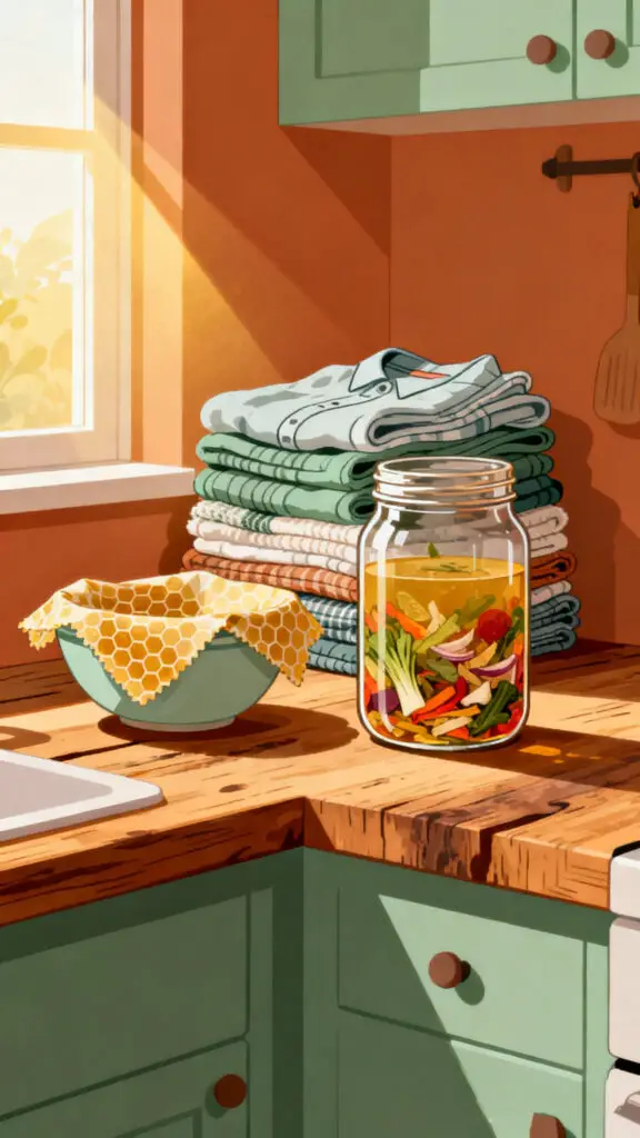 A warm and modern vector illustration showcasing zero-waste habits like repurposing food scraps and textiles.