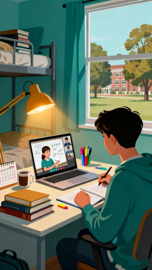 Online Jobs for College Students 2 A warm vector illustration of a college student providing online tutoring from a desk in their dorm room.