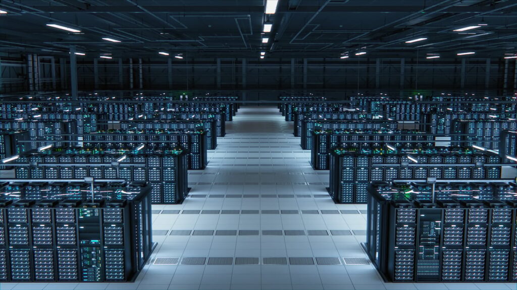 Rows of computer servers in a data center.