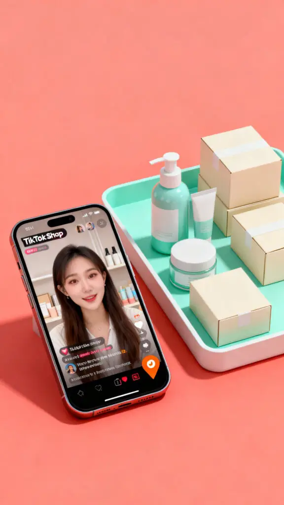 Ways to Make Money on TikTok 3 A clean digital illustration showing a lifestyle creator setup for driving direct sales and e-commerce checkouts through a smartphone app.