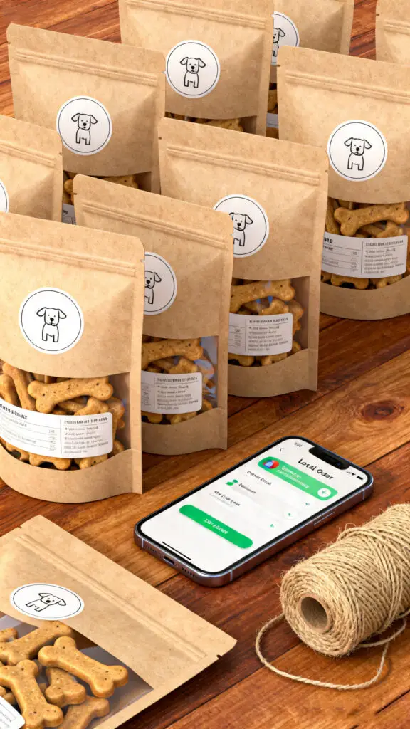 A clean digital illustration of professional, eco-friendly kraft paper packaging and labels for a homemade pet treat business.