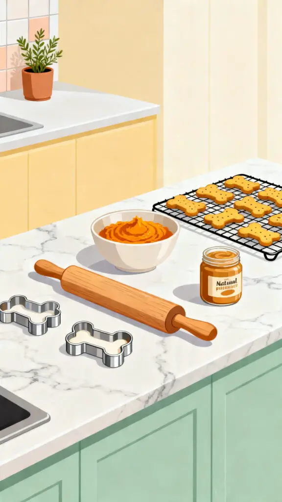 A charming vector illustration of a clean, organized home kitchen workspace setup for baking healthy homemade dog treats.