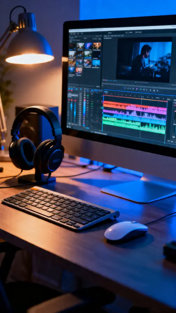 A professional home video editing setup showing a detailed timeline on a large monitor screen alongside headphones and an ergonomic mouse.